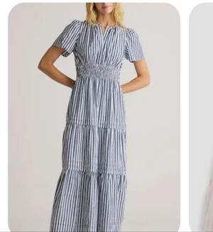 Quince Organic Cotton Poplin Hudson Striped Tiered Dress Blue White SZ XL NWT